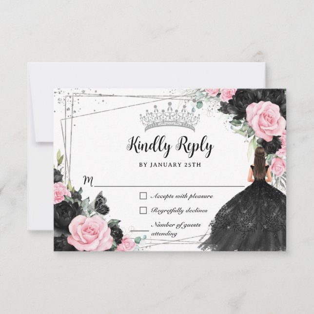 Cartons Réponse Floral rose noir Princesse d'argent Gown Quinceañe (Devant)