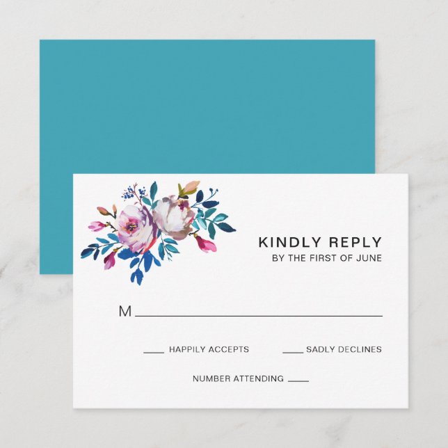 Cartons Réponse Floral rose Turquoise clair Mariage moderne (Devant / Derrière)