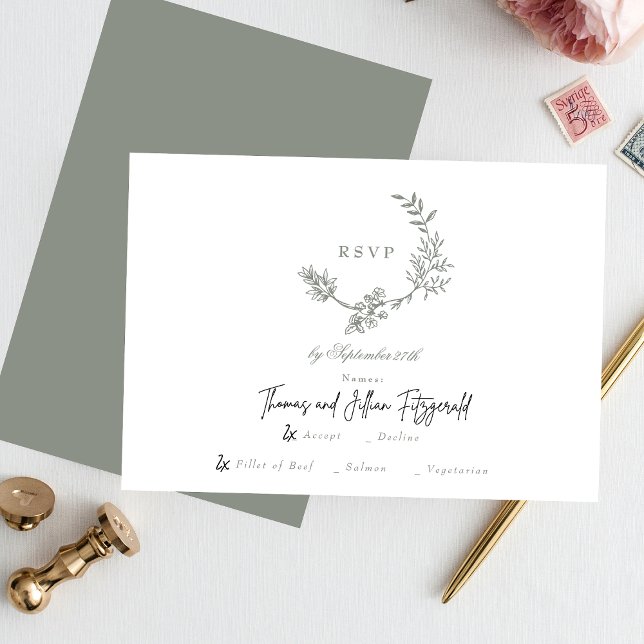 Cartons Réponse Floral Sage Green Monogramme Classic Wreath (Créateur téléchargé)