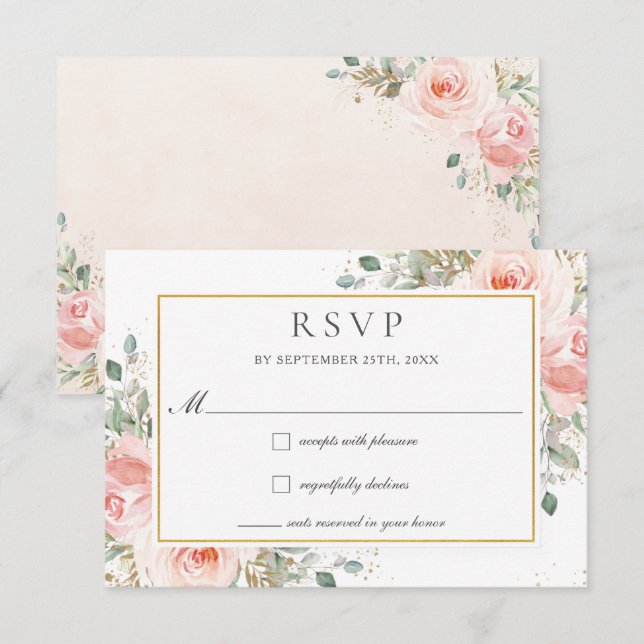 Cartons Réponse Flore rose doux vert or Mariage RSV (Devant / Derrière)