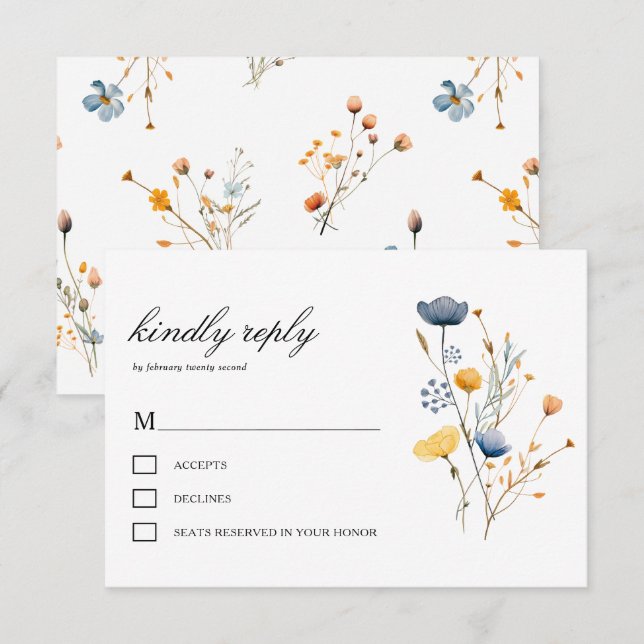 Cartons Réponse Flore sauvage de Dainty Mariage boho rustique (Devant / Derrière)