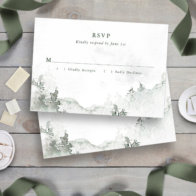 Cartons Réponse Forêt d'aquarelle (Green and White Simple Minimalist Watercolor Forest RSVP Card
)
