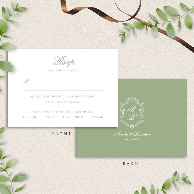 Cartons Réponse Formal Classic Sage Green Monogram Crest Wedding (Créateur téléchargé)
