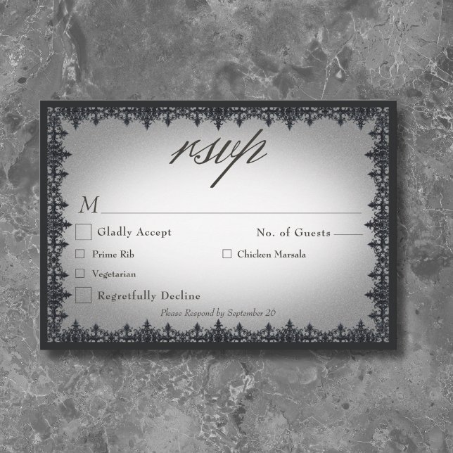 Cartons Réponse Frontière victorienne gothique Mariage blanc (Victorian Gothic Iron Border White Wedding RSVP Card)