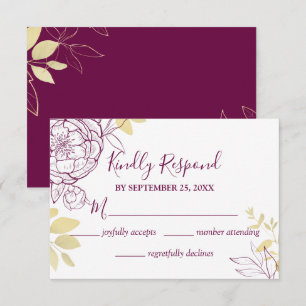 Cartons Réponse Fuchsia Pink Purple & Gold Peony Floral Mariage