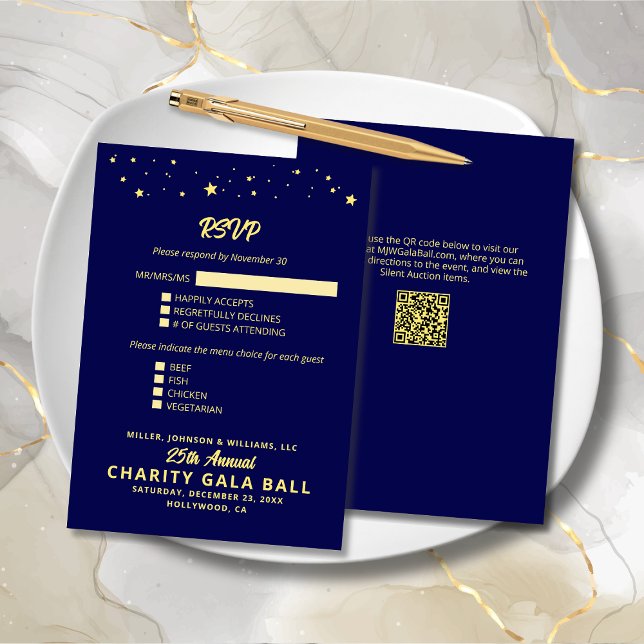 Cartons Réponse Gala de collecte de fonds de bienfaisance Événemen (Charity Fundraiser Gala Event Navy Blue and Gold RSVP Card with Menu Options, Event Details.)