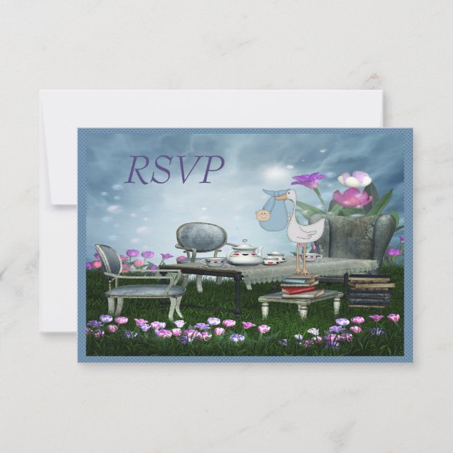 Cartons Réponse Garden Tea Party Apportez un livre Baby shower RSV (Devant)