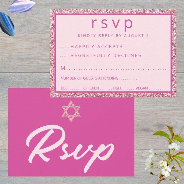 Cartons Réponse Glam Pink Élégante Étoile De David Bat mitzvah (These pink RSVP cards for your Bat Mitzvah party are easy to customize)