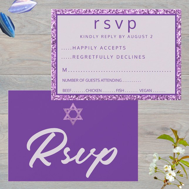 Cartons Réponse Glam Purple Élégante Étoile De David Bat mitzvah (Easy to customize purple Bat Mitzvah RSVP cards)