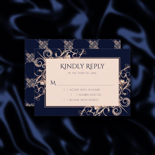 Cartons Réponse Glamour Art déco | Marine Blue Rose Gold Ornamenta (Créateur téléchargé)