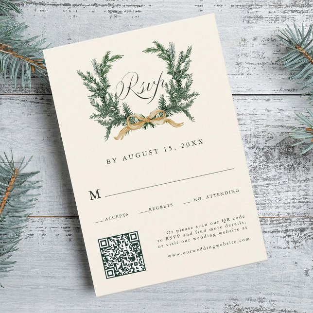 Cartons Réponse Gold Bow & Green Pine Wreath Wedding QR Code Ivory (Créateur téléchargé)