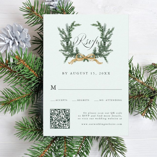 Cartons Réponse Gold Bow & Green Pine Wreath Wedding QR Code Mint (Créateur téléchargé)