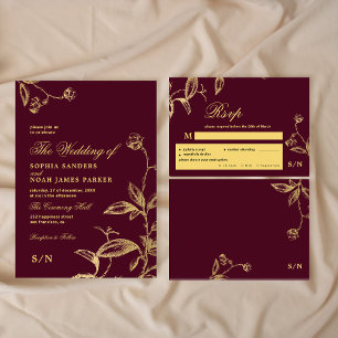 Cartons Réponse Gold burgundy élégant choix de repas monogramme ma