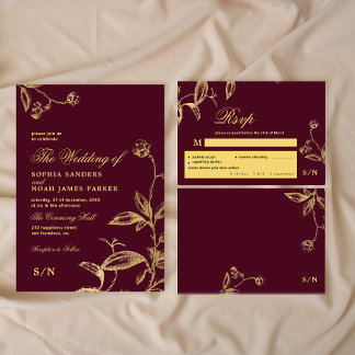 Cartons Réponse Gold burgundy élégant choix de repas monogramme ma