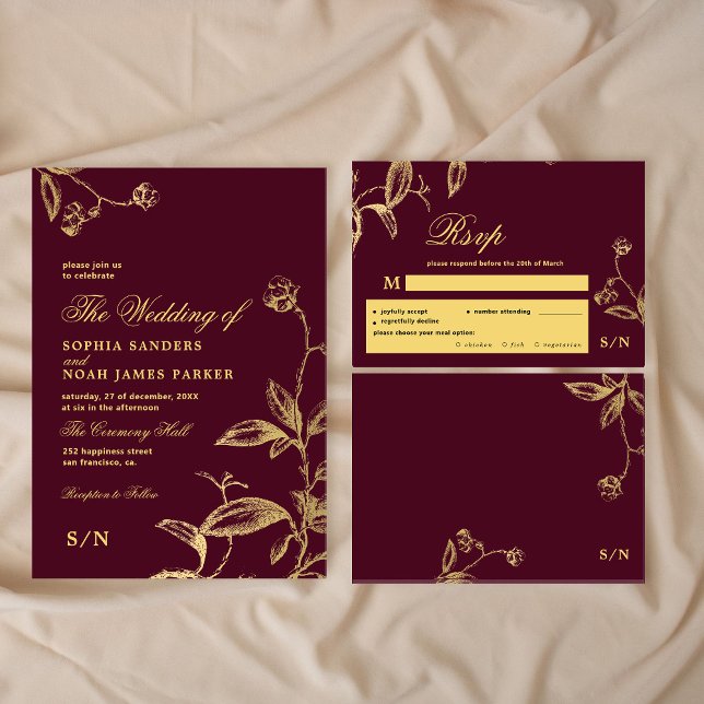Cartons Réponse Gold burgundy élégant choix de repas monogramme ma (The invitation can be purchased separately)