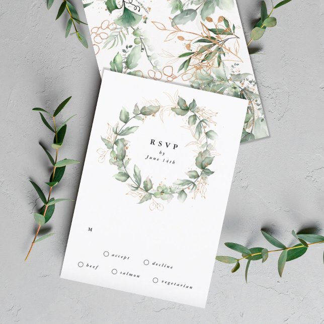 Cartons Réponse Gold Eucalyptus Mariage Wreath Verdure Moss Sages (Créateur téléchargé)