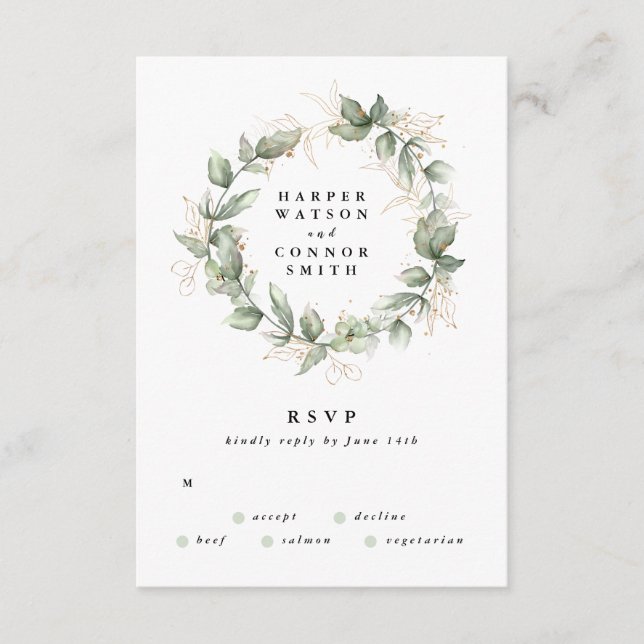 Cartons Réponse Gold Eucalyptus Mariage Wreath Verdure Moss Sages (Devant)