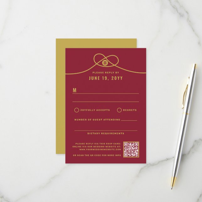 Cartons Réponse Gold Knot Union Double Bonheur Mariage chinois (Devant/Arrière en situation)