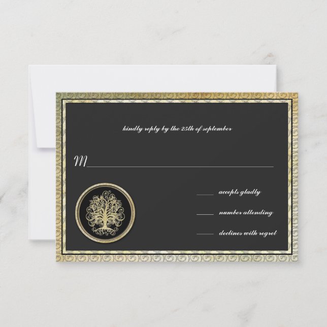 Cartons Réponse Gold Metallic Swirl Tree Gold Bordure d'or Mariage (Devant)