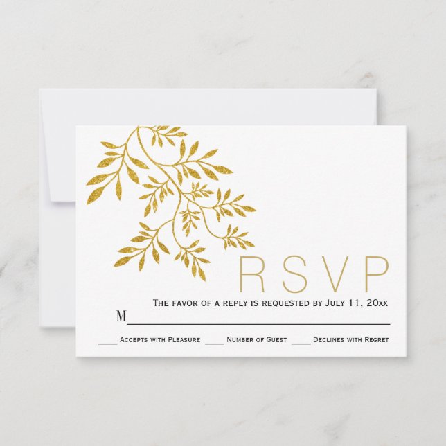 Cartons Réponse Gold parties scintillant feuilles branche mariage  (Devant)