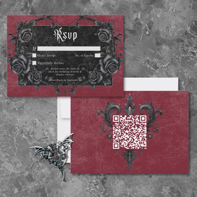 Cartons Réponse Gothic Black Raven & Roses Burgundy QR Code (Gothic Black Raven & Roses Burgundy QR Code RSVP Card)