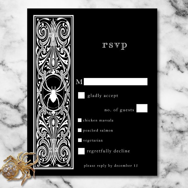 Cartons Réponse Gothique Éffrayant Spider noir blanc Mariage dîner (Gothic Spooky Spider Black White Wedding Dinner RSVP Card)