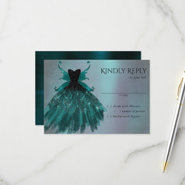 Cartons Réponse Gothique Fairy Turquoise Gown | Fleur verte profon (Devant/Arrière en situation)