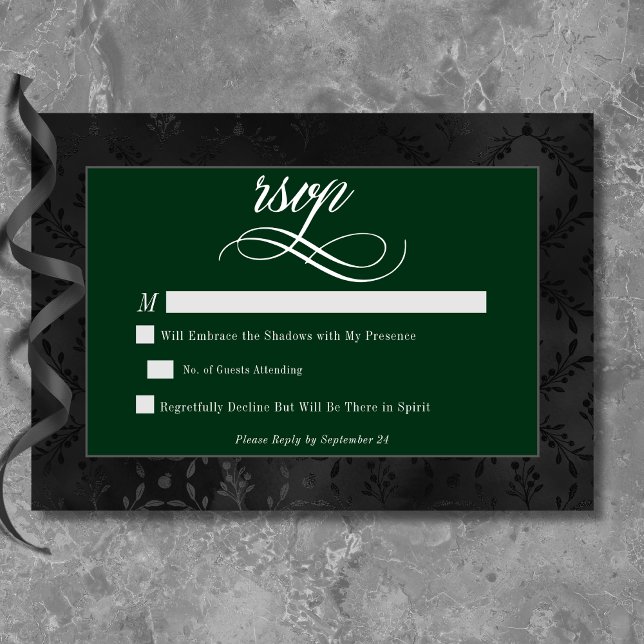 Cartons Réponse Gothique foncé Noir Floral Satin Damas Vert (Dark Gothic Black Floral Satin Damask Green RSVP Card)