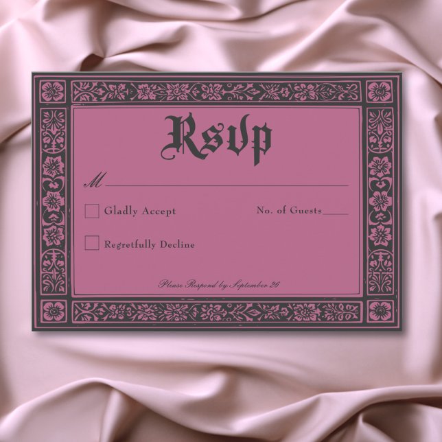 Cartons Réponse Gothique Noir Bourgogne Médiéval jusqu'à la mort M (Gothic Black Burgundy Medieval Until Death Wedding RSVP Card)