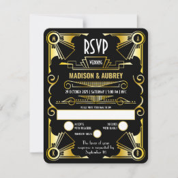 Cartons Réponse Grand Gatsby Art Déco Mariage Opulent Or & Noir