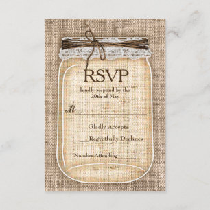 Cartons Réponse Grand Mason Jar & Burlap Lace Mariage rustique RSV