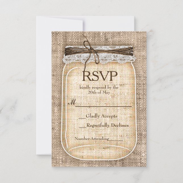 Cartons Réponse Grand Mason Jar & Burlap Lace Mariage rustique RSV (Devant)
