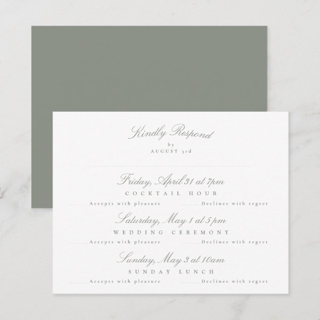 Cartons Réponse Gray Green Elegant Calligraphie multi-événement (Devant / Derrière)