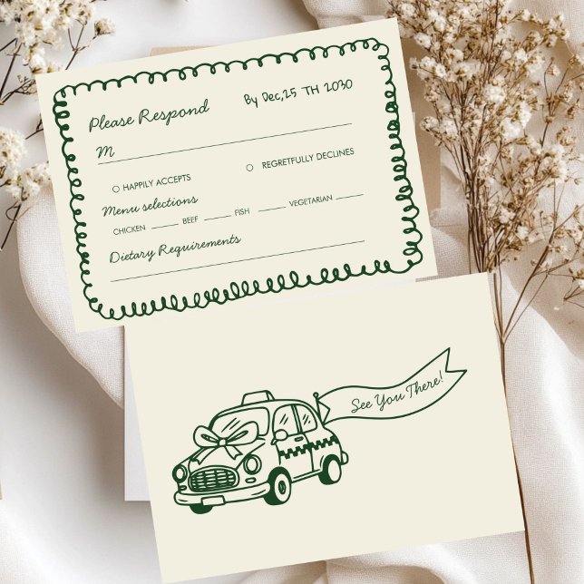 Cartons Réponse green hand drawn Whimsical Wedding  (Créateur téléchargé)