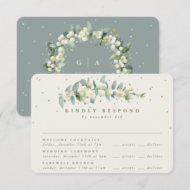 Cartons Réponse Green Snowberry+Eucalyptus Mariage Multi-événement (Devant / Derrière)