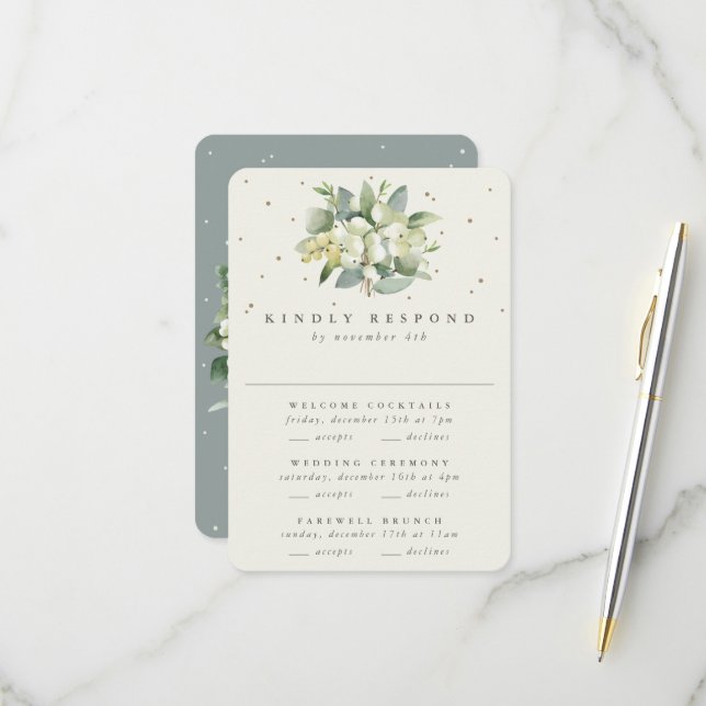 Cartons Réponse Green Snowberry+Eucalyptus Mariage Multi-événement (Devant/Arrière en situation)