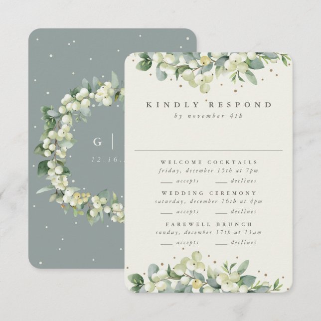 Cartons Réponse Green Snowberry+Eucalyptus Mariage Multi-événement (Devant / Derrière)