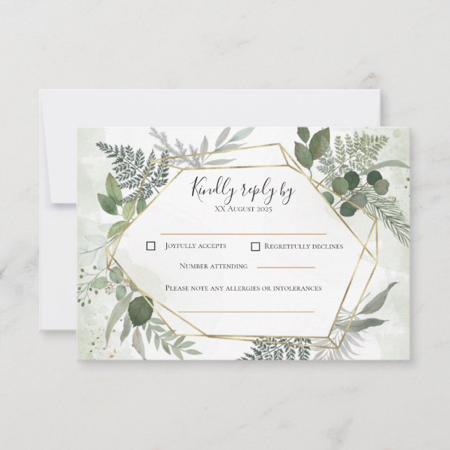 Cartons Réponse Greenery boho gold geometric watercolour wedding  (Devant)
