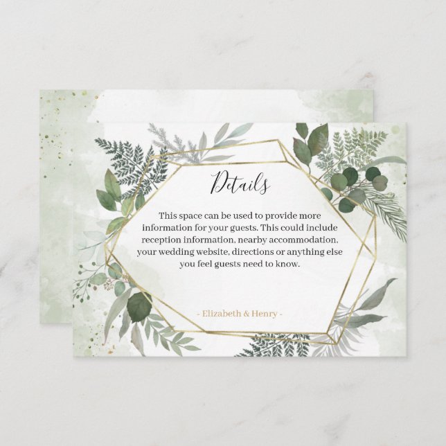 Cartons Réponse Greenery boho gold geometric wedding details (Devant / Derrière)