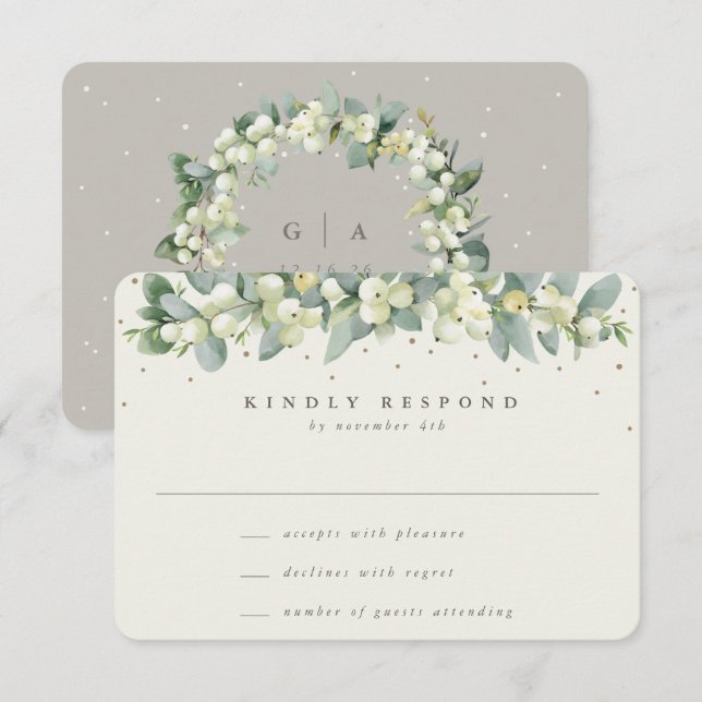 Cartons Réponse Greige/Crème Snowberry+Eucalyptus Garland Mariage (Devant / Derrière)