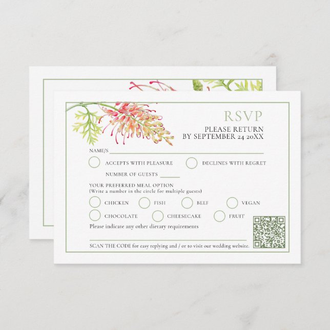 Cartons Réponse Grevillea aquarelle vert corail blanc mariage QR (Devant / Derrière)