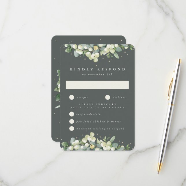 Cartons Réponse Gris Vert Snowberry+Eucalyptus Mariage bordé (Devant/Arrière en situation)