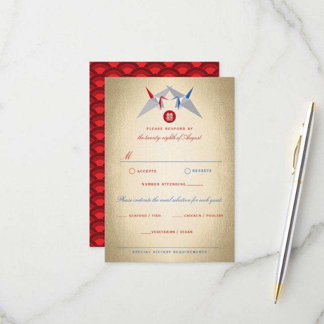 Cartons Réponse Grues Papier Origami Rouge Et Bleu Mariage Asiatiq (Devant/Arrière en situation)