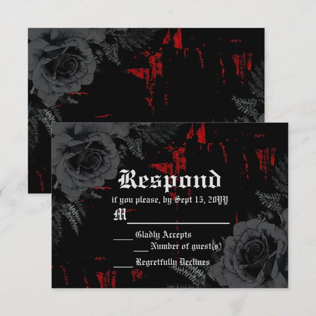 Cartons Réponse Grunge rouge noir gothique texturé | Roses noirs (Devant / Derrière)