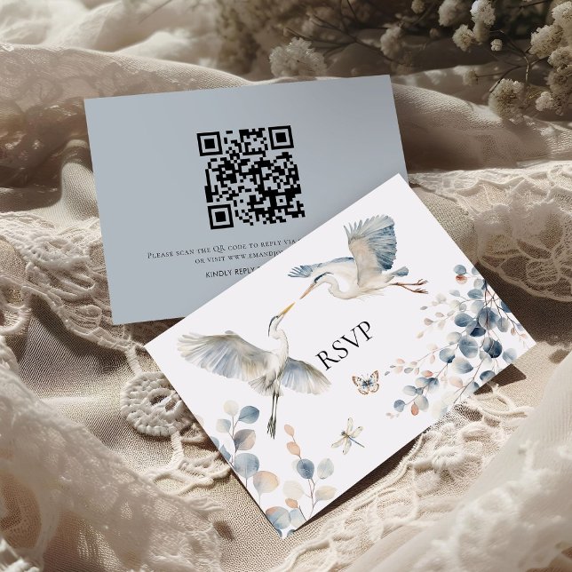 Cartons Réponse Hérons bleu Dusty moderne QR Code Mariage (Front and back view)