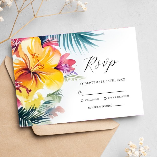 Cartons Réponse Hibiscus tropical Destination Florale Mariage (Tropical Hibiscus Floral Destination Wedding RSVP Card)