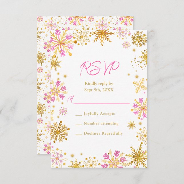 Cartons Réponse Hiver des flocons de neige rose et or (Devant / Derrière)