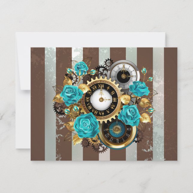 Cartons Réponse Horloge à vapeur et Roses turquoise sur rayures (Devant)