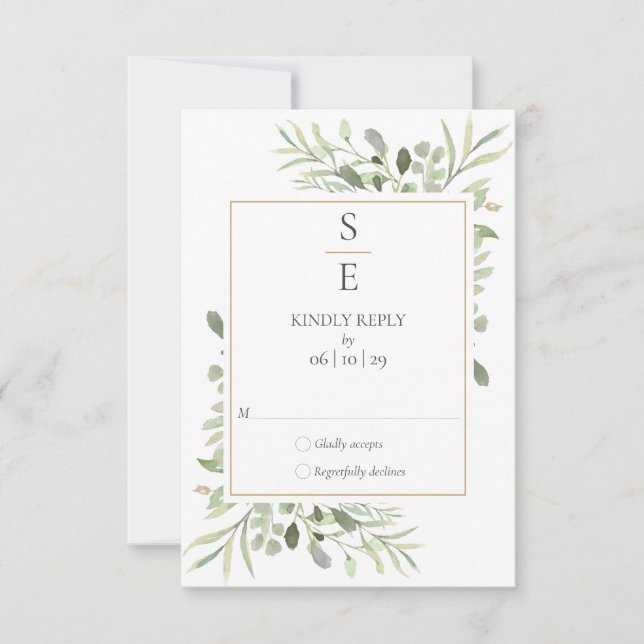 Cartons Réponse Initiales de monogramme moderne de mariage de verd (Devant)