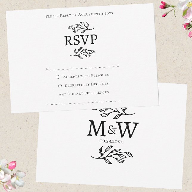 Cartons Réponse Initiales de monogramme simples de couple de maria (Modern RSVP wedding couple monogram initials custom text response enclosure card)